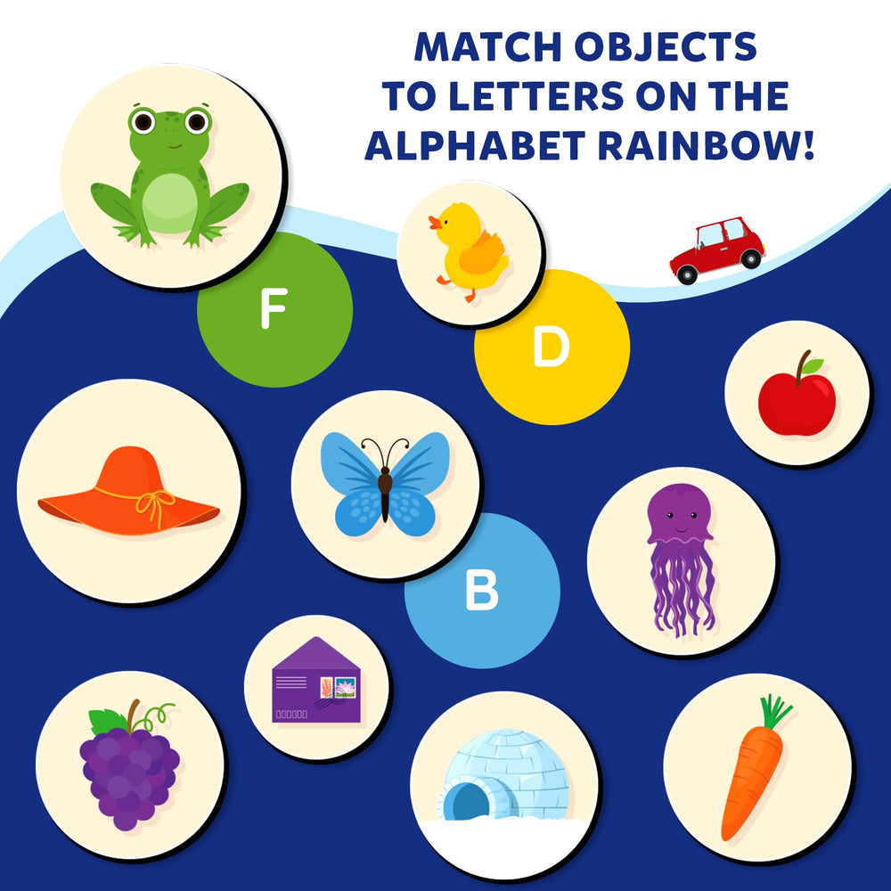 Skillmatics Alphabet Rainbow vibrant graphics attract attention and support playful learning sessions.