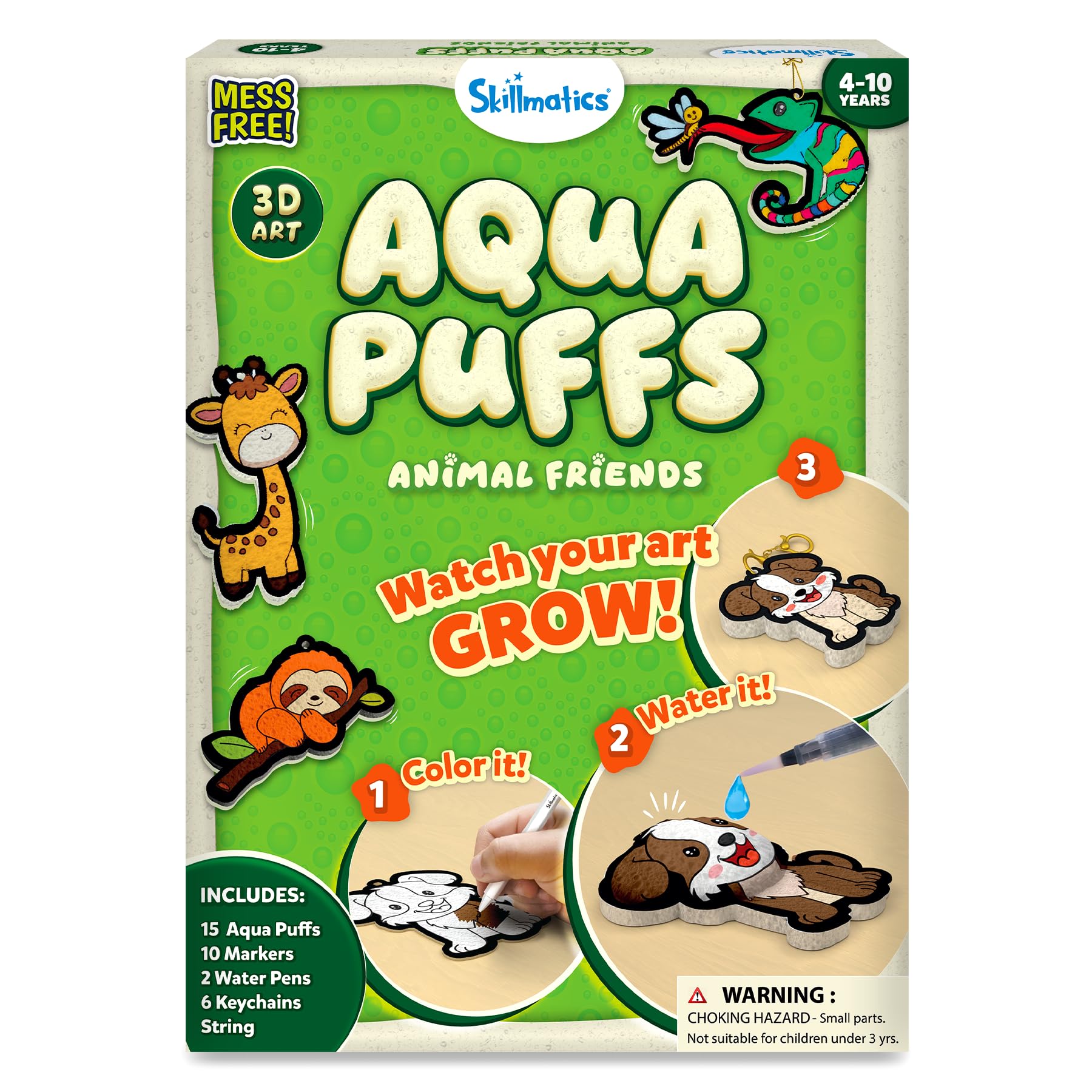 Skillmatics Aqua Puffs 3D animal designs puff when water activated for mess-free crafting.