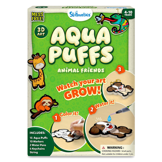 Skillmatics Aqua Puffs 3D animal designs puff when water activated for mess-free crafting.