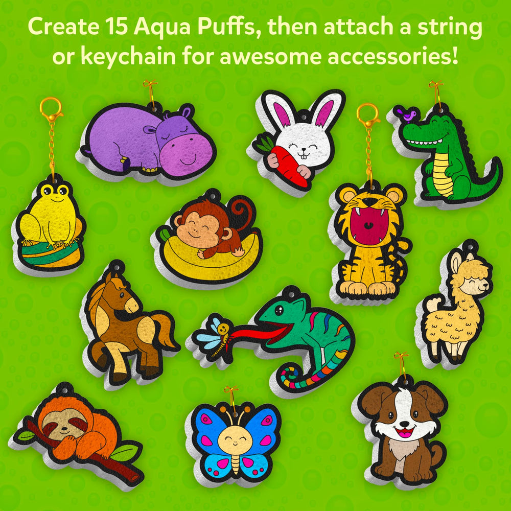 Skillmatics Aqua Puffs include keychains and string for ready-to-hang crafts.