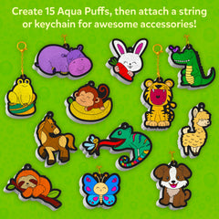 Skillmatics Aqua Puffs include keychains and string for ready-to-hang crafts.