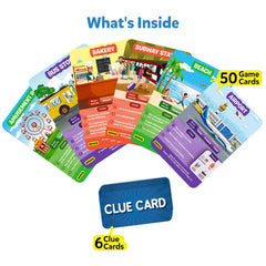 Skillmatics Around Town clue cards to boost strategic questioning and teamwork.