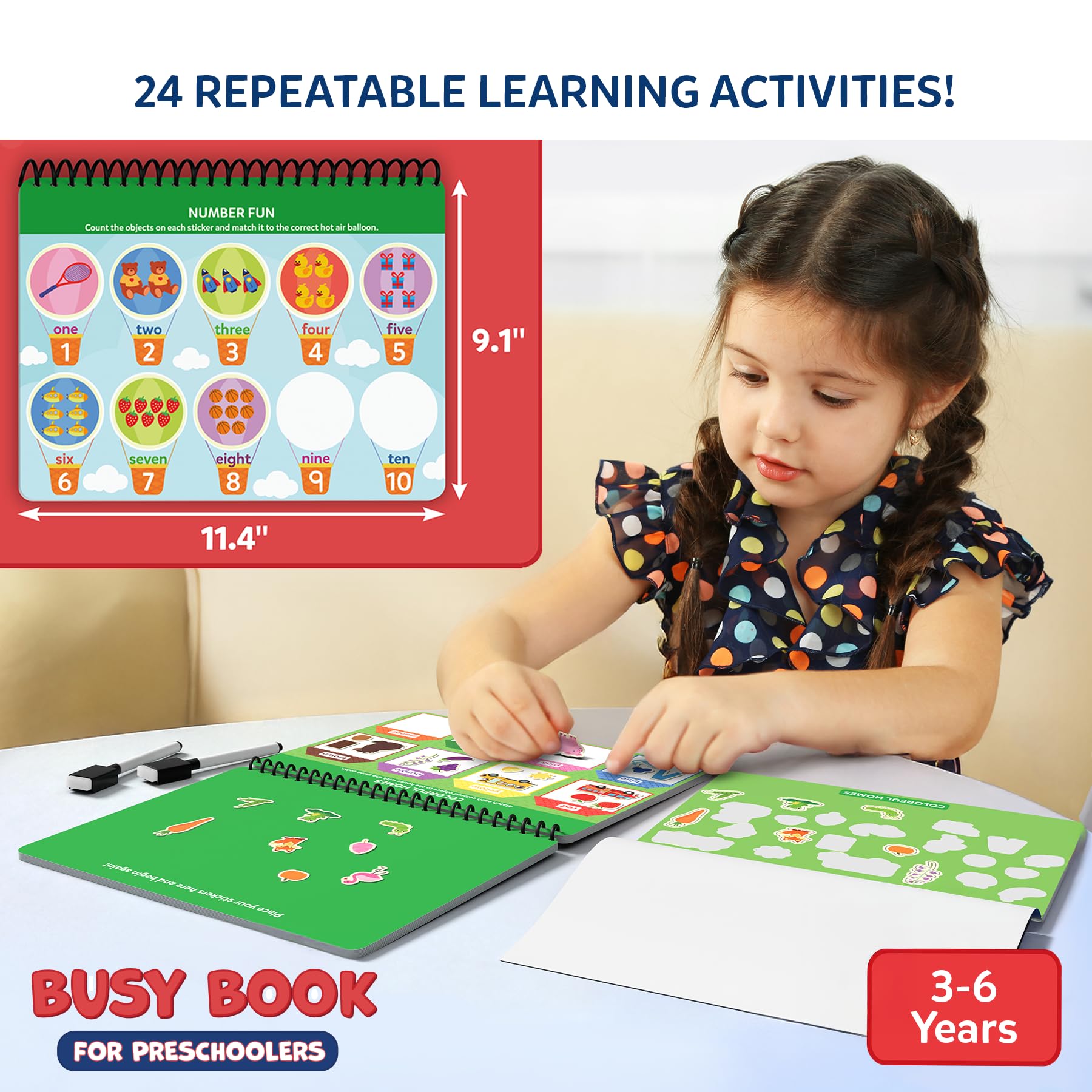 Skillmatics Busy Book opens to activity pages for tracing, sorting, and counting practice.