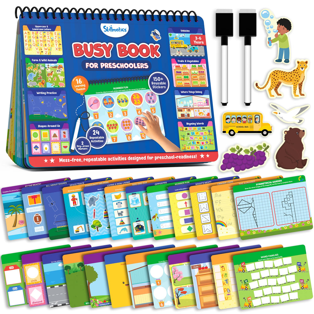 Skillmatics Busy Book cover with colorful scenes invites screen-free, engaging learning for preschoolers.
