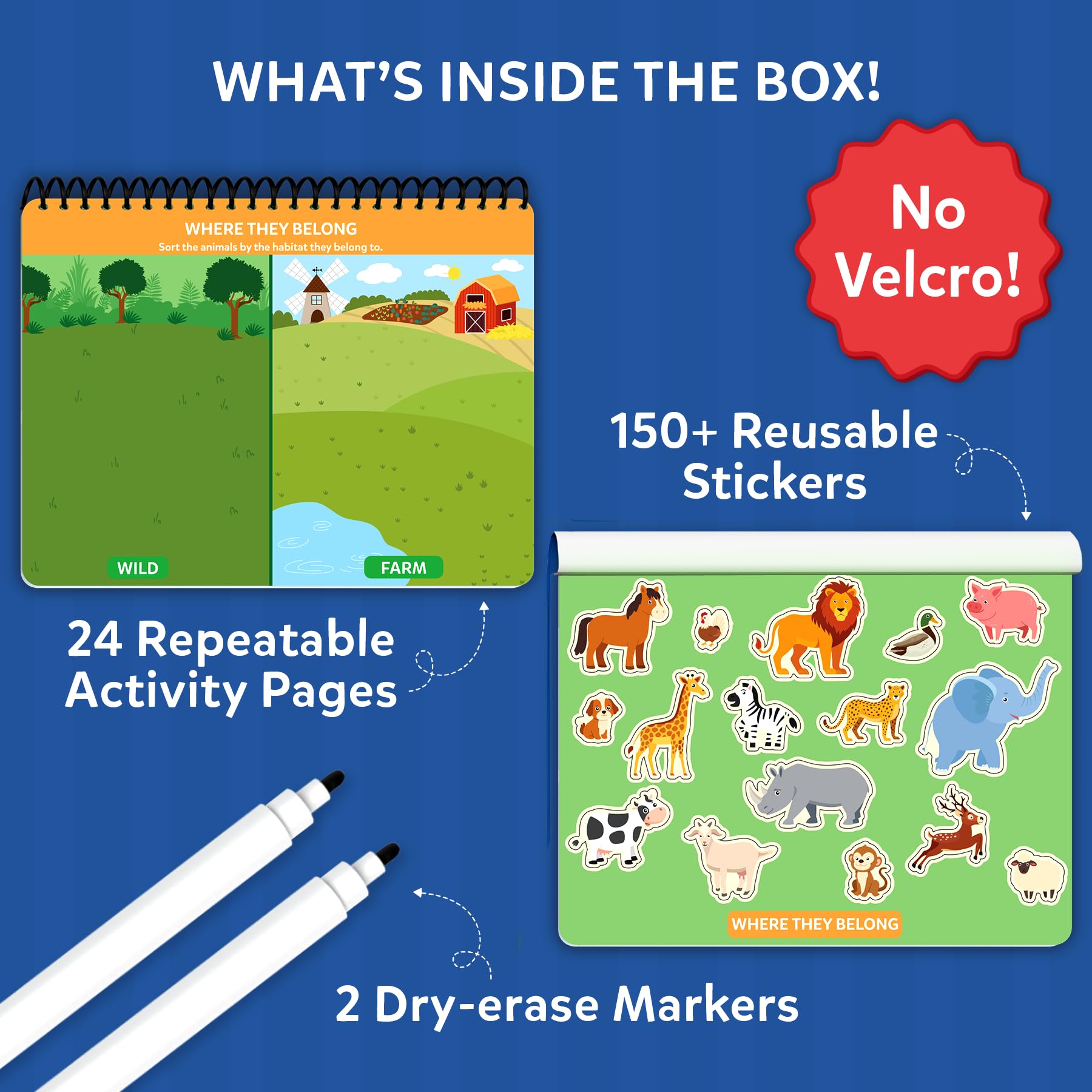 Sticker sheet for Skillmatics Busy Book provides 150+ reusable stickers for mess-free play.