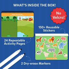 Sticker sheet for Skillmatics Busy Book provides 150+ reusable stickers for mess-free play.