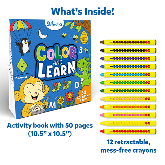 Skillmatics Color & Learn page sample demonstrates tear-out pages for practice.