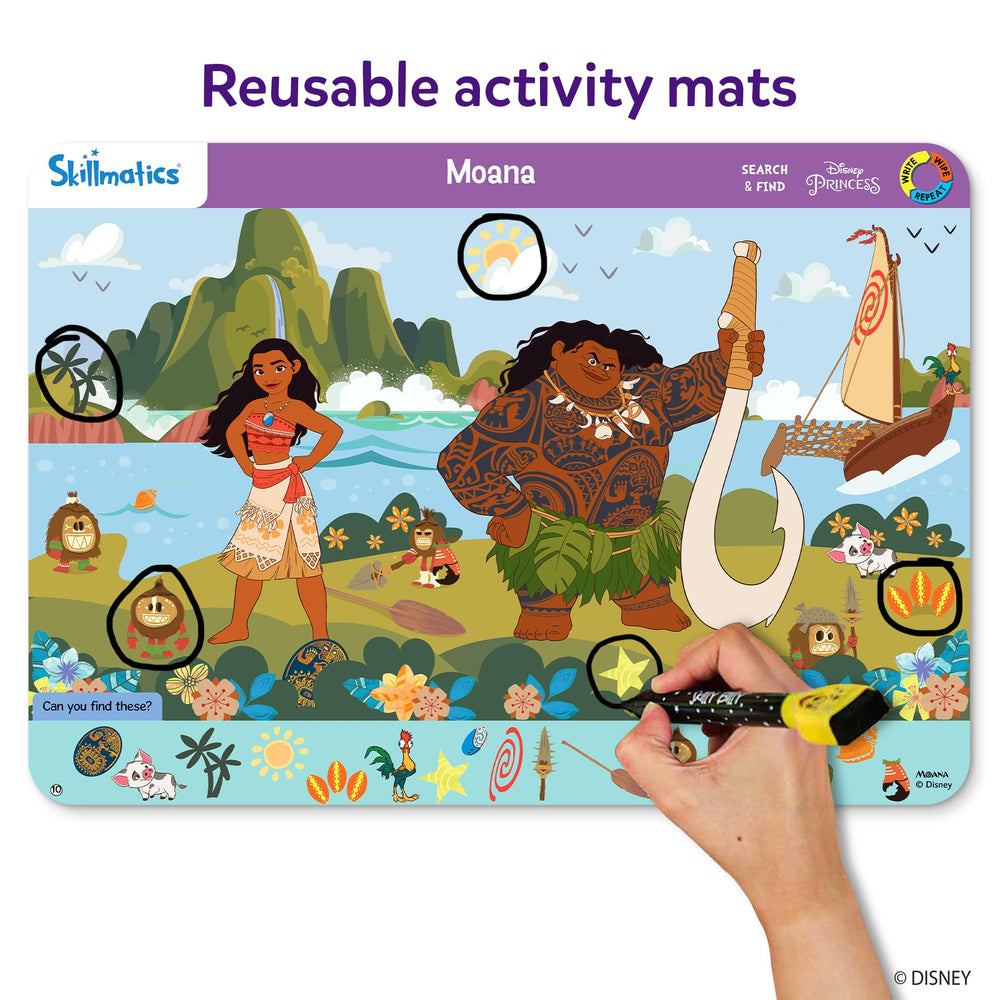 Child uses dry-erase marker to circle items on the Disney Princess mats