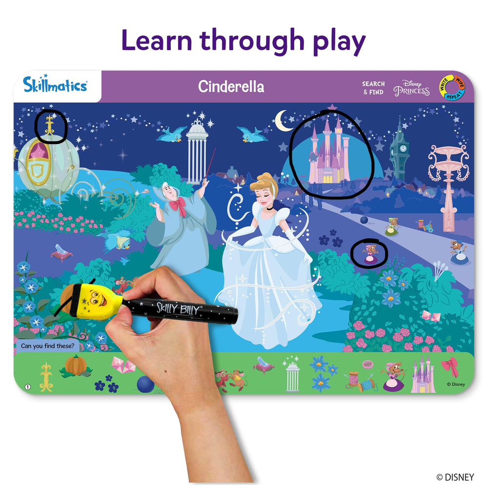 Bright, colorful Disney Princess scenes on reusable mats for repeated practice
