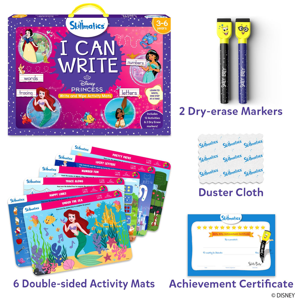 Skillmatics Disney Princess writing mats back view with themed activities for kids