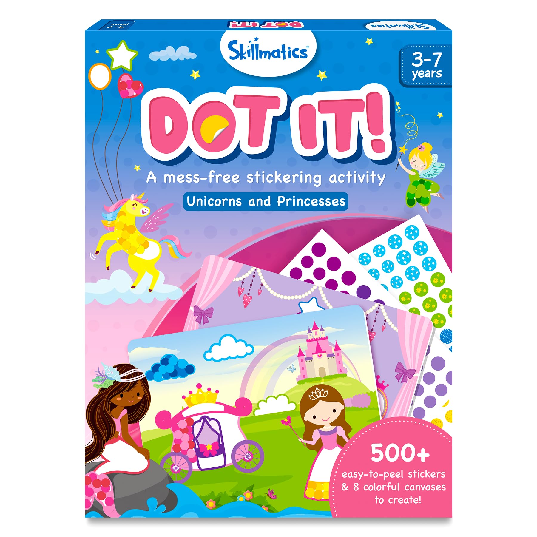 Skillmatics Dot It unicorns and princesses sticker sheets for mess-free crafts.