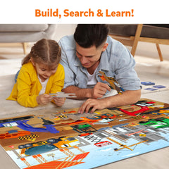 Skillmatics educational construction visuals featuring vehicles and site objects for exploration.
