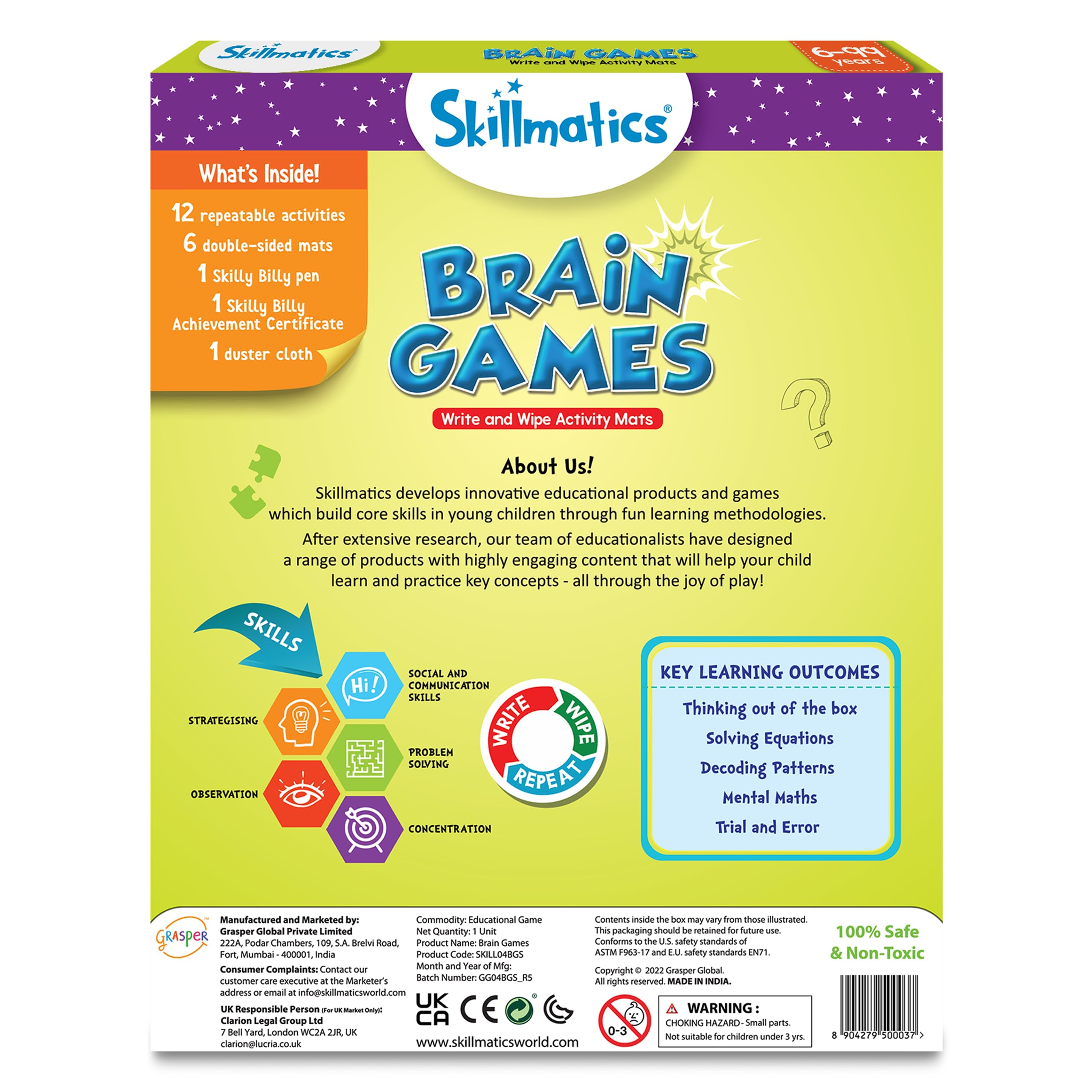 Skillmatics educational game in-box includes mats and marker.