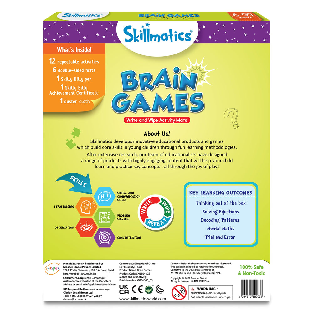 Skillmatics educational game in-box includes mats and marker.