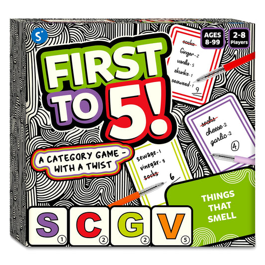 Skillmatics First to 5 category cards spark quick thinking during game night