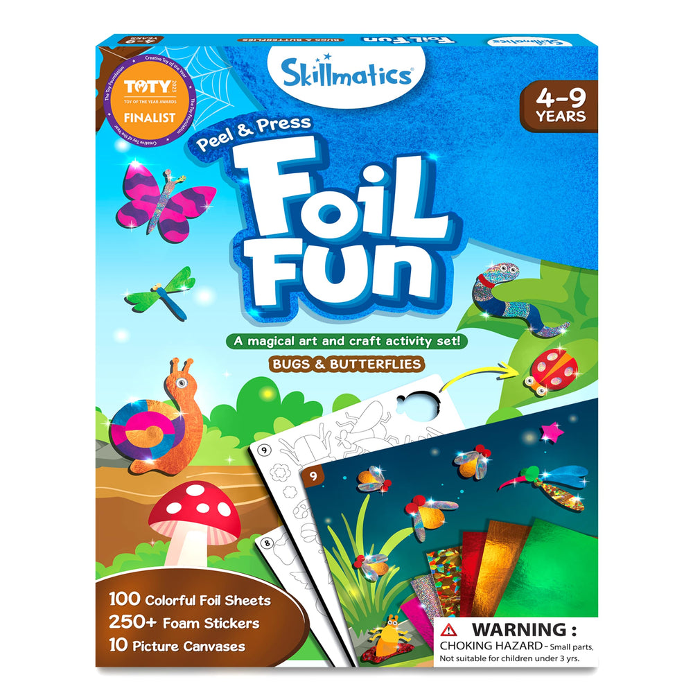 Skillmatics Foil Fun: bug and butterfly foil art in progress, spark creativity.