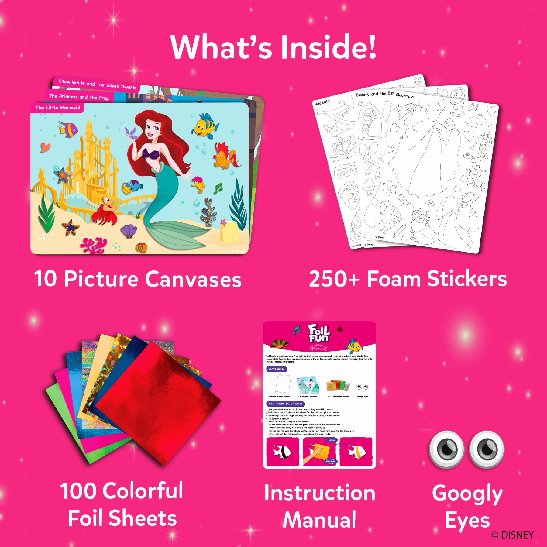 Skillmatics Foil Fun Disney Princess picture canvases invite imaginative scenes and repeated use.