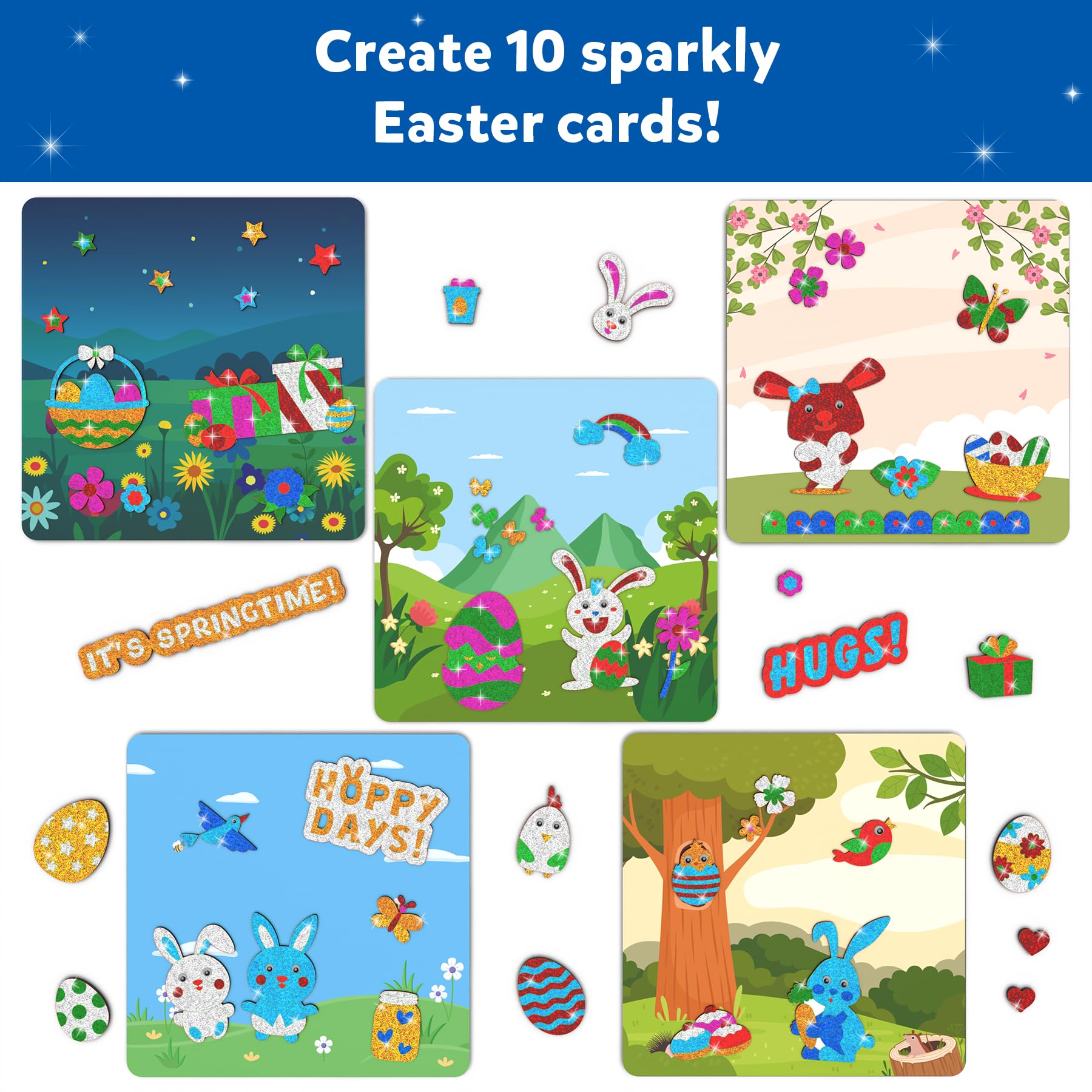Skillmatics Foil Fun Easter cards feature colorful foam stickers for creative decorating.