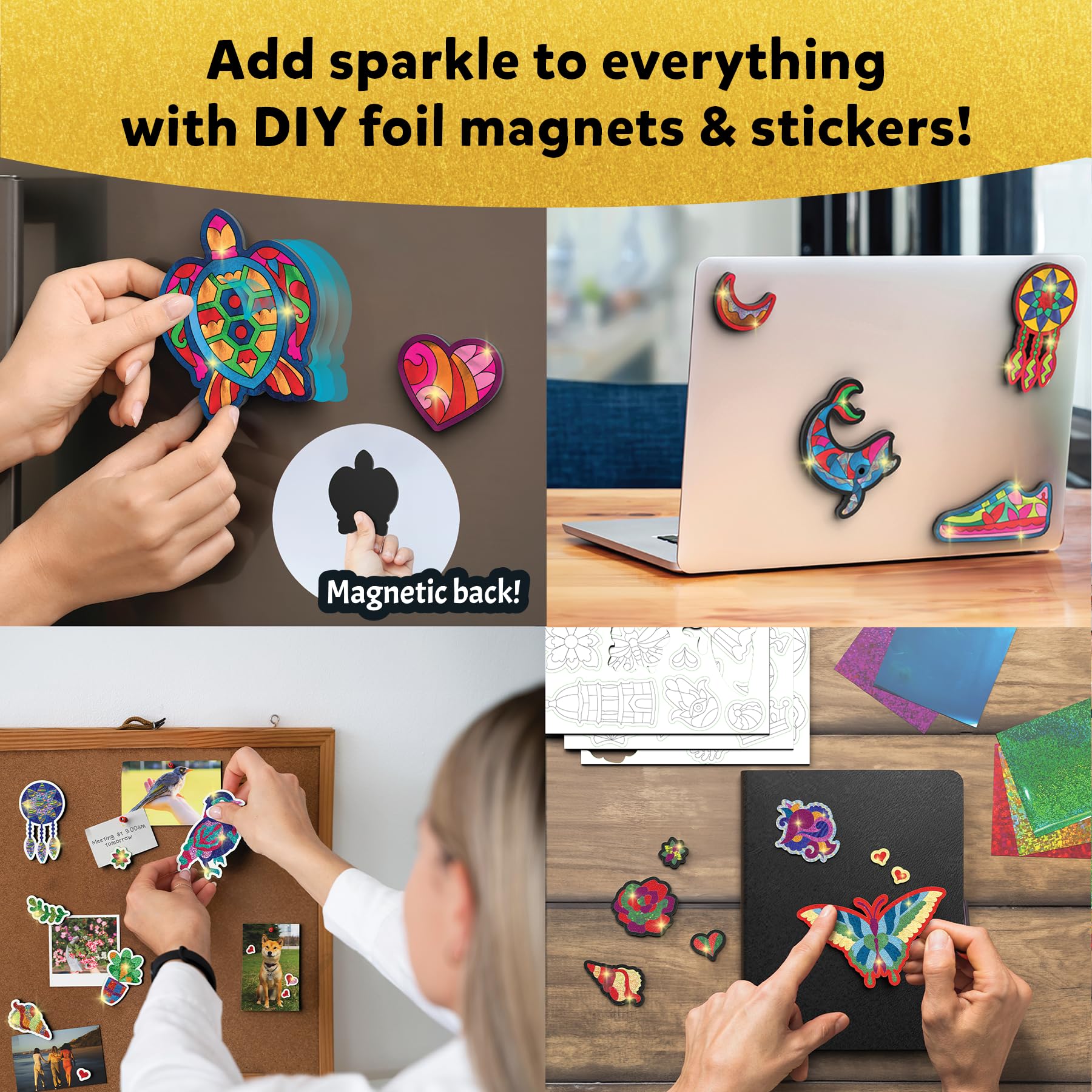 Skillmatics Foil Fun foam stickers with foil shine for colorful, mess-free crafts.
