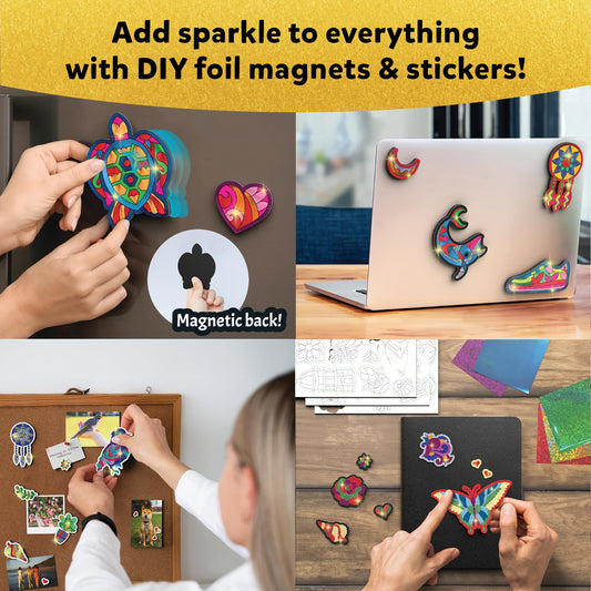 Skillmatics Foil Fun foam stickers with foil shine for colorful, mess-free crafts.