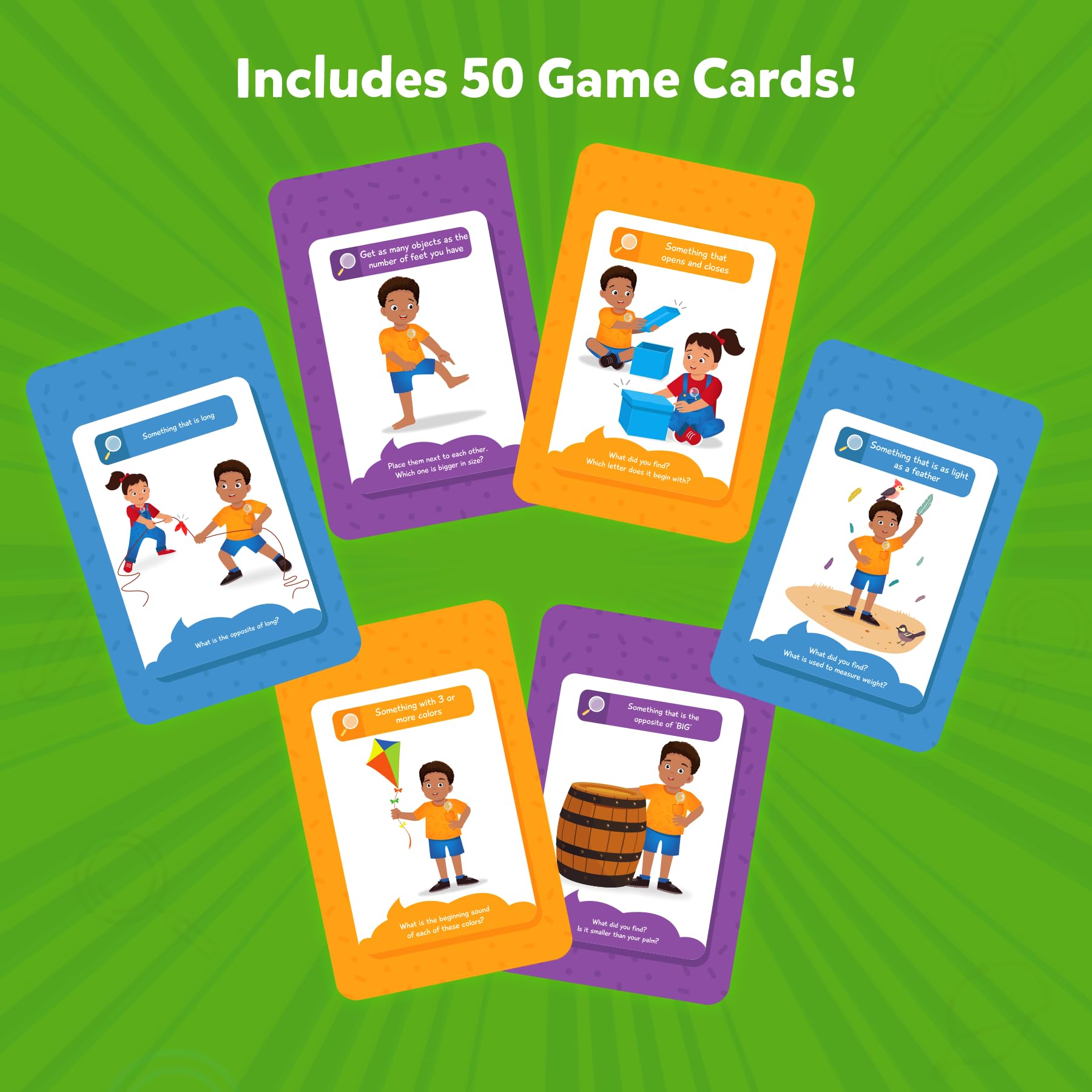 Spread of Skillmatics Found It game cards showing prompts and colors.
