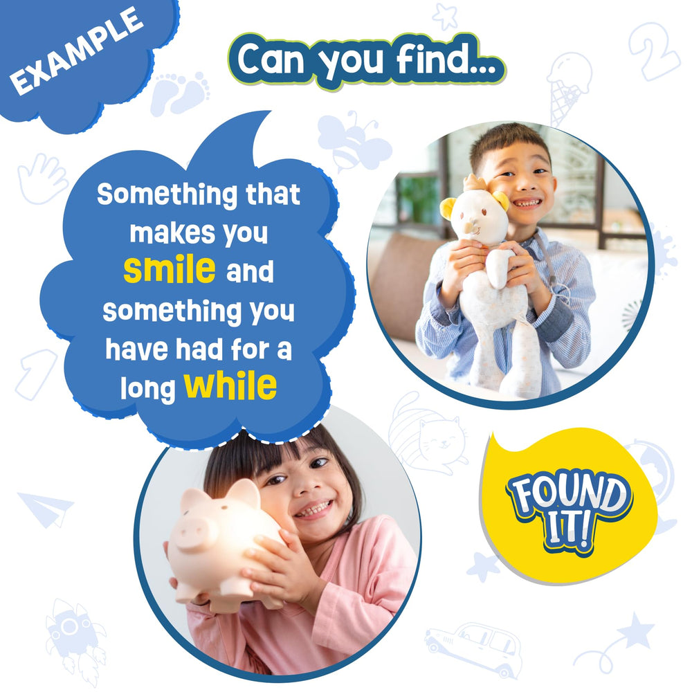 Rhyming prompts guide kids to find two items, boosting memory and focus.