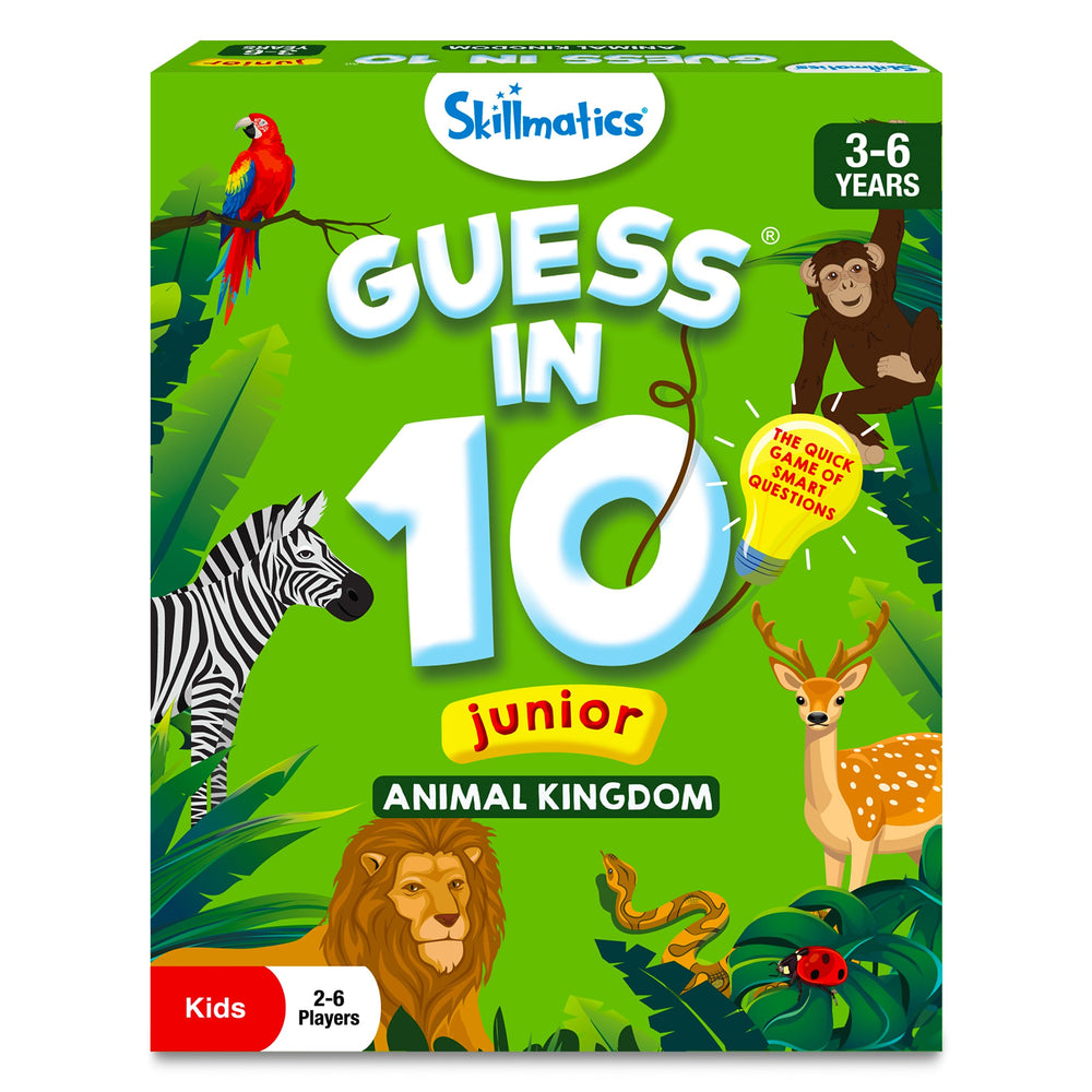 Skillmatics Guess in 10 Animal Kingdom card shown for engaging family play