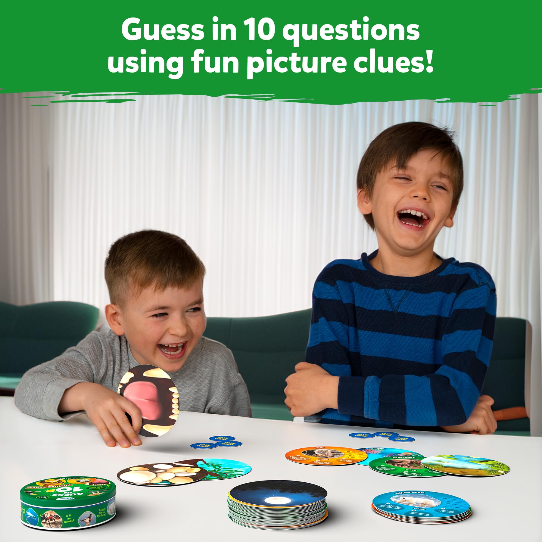 Family-friendly image showing Skillmatics Guess in 10 Animal Picture Clues during a game night.