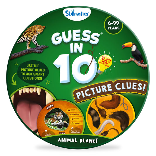 Skillmatics Guess in 10 Animal Picture Clues game cards laid out for quick play.