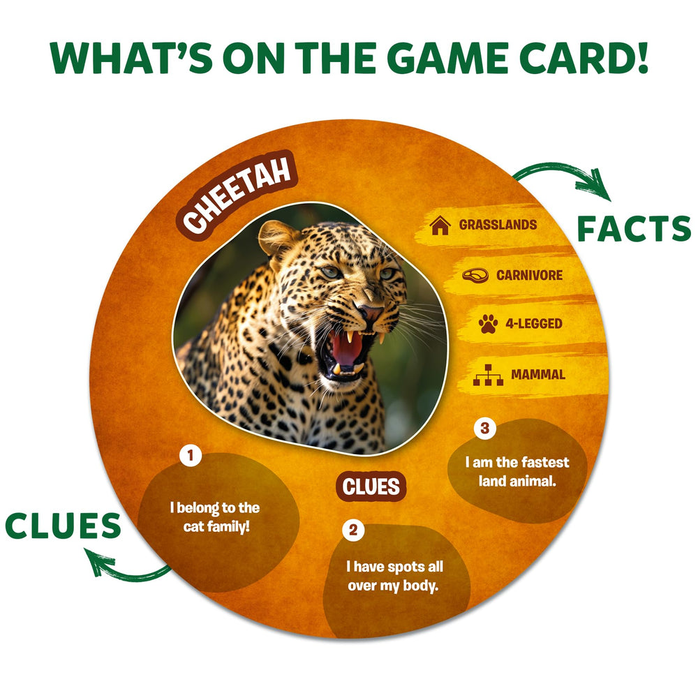 Skillmatics Guess in 10 Animal Picture Clues clue cards guide thoughtful play.