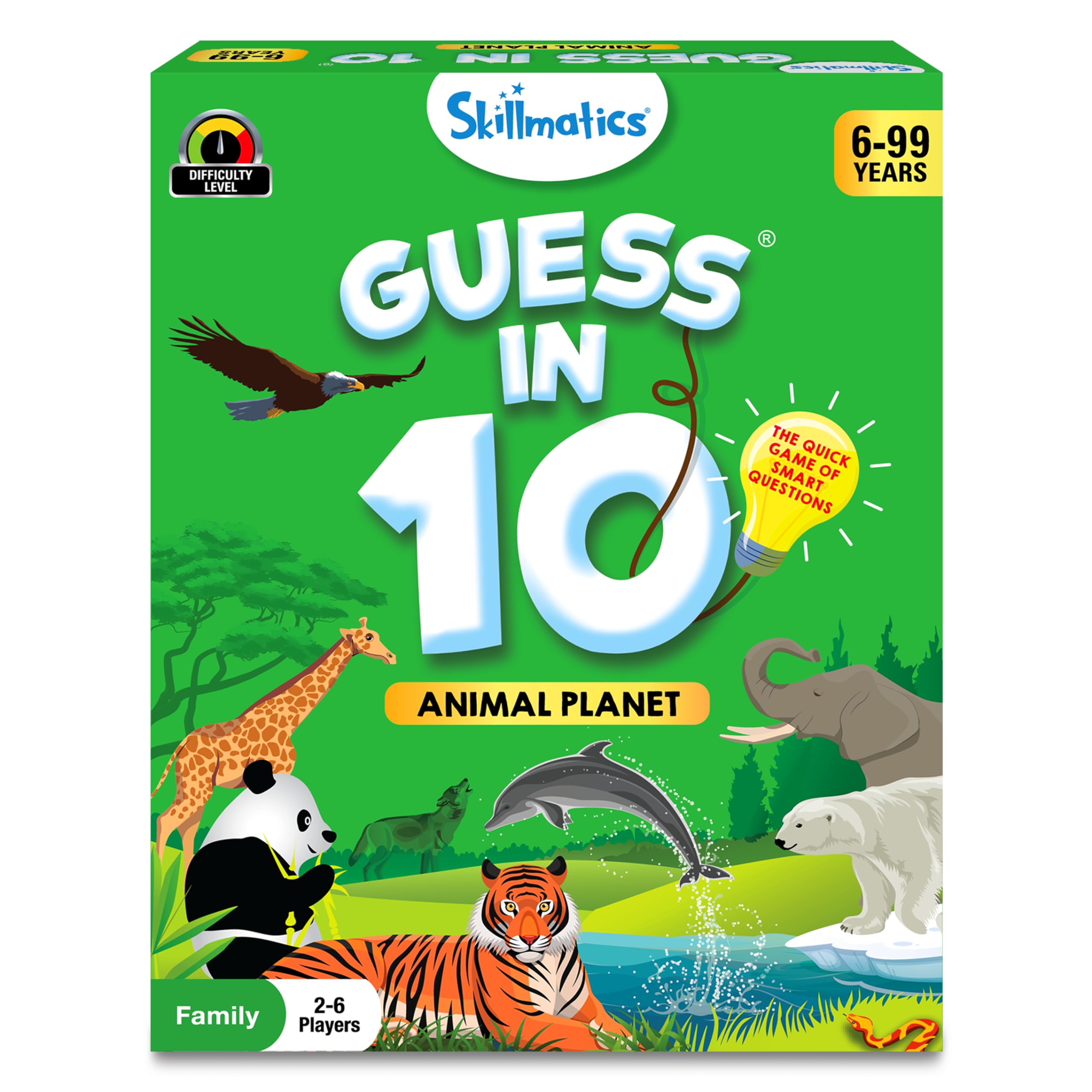 Skillmatics Guess in 10 Animal Planet game cards spread for quick animal guessing with family