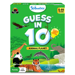 Skillmatics Guess in 10 Animal Planet game cards spread for quick animal guessing with family