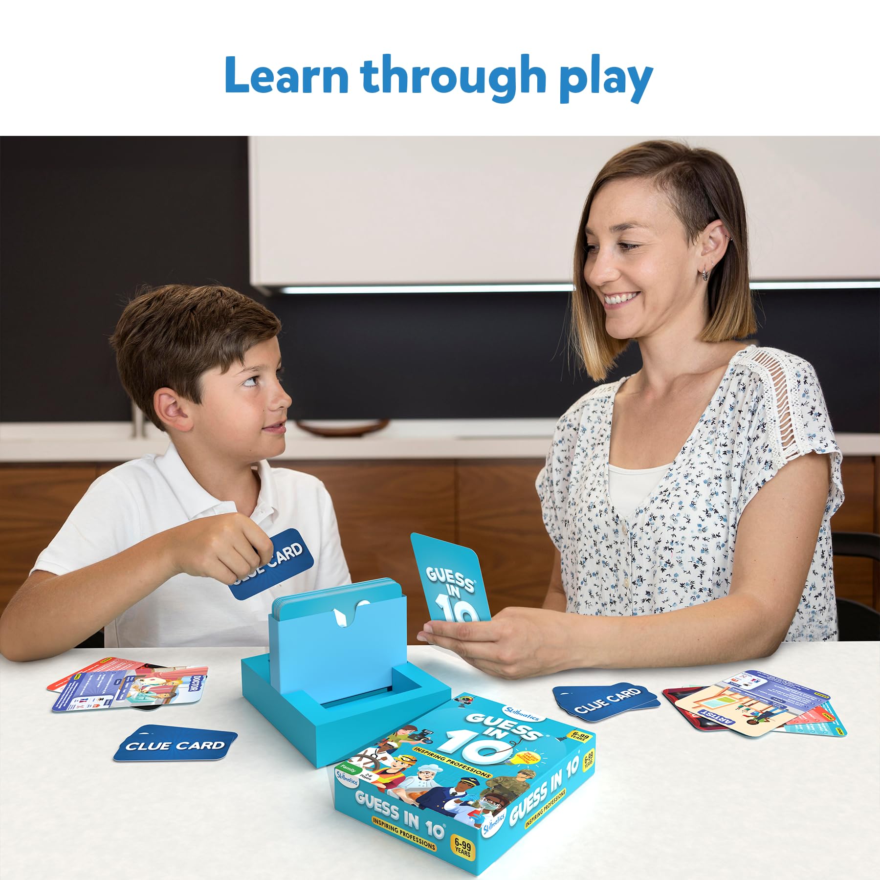 Ages 6+ engaged with Skillmatics Guess in 10 Professions challenges