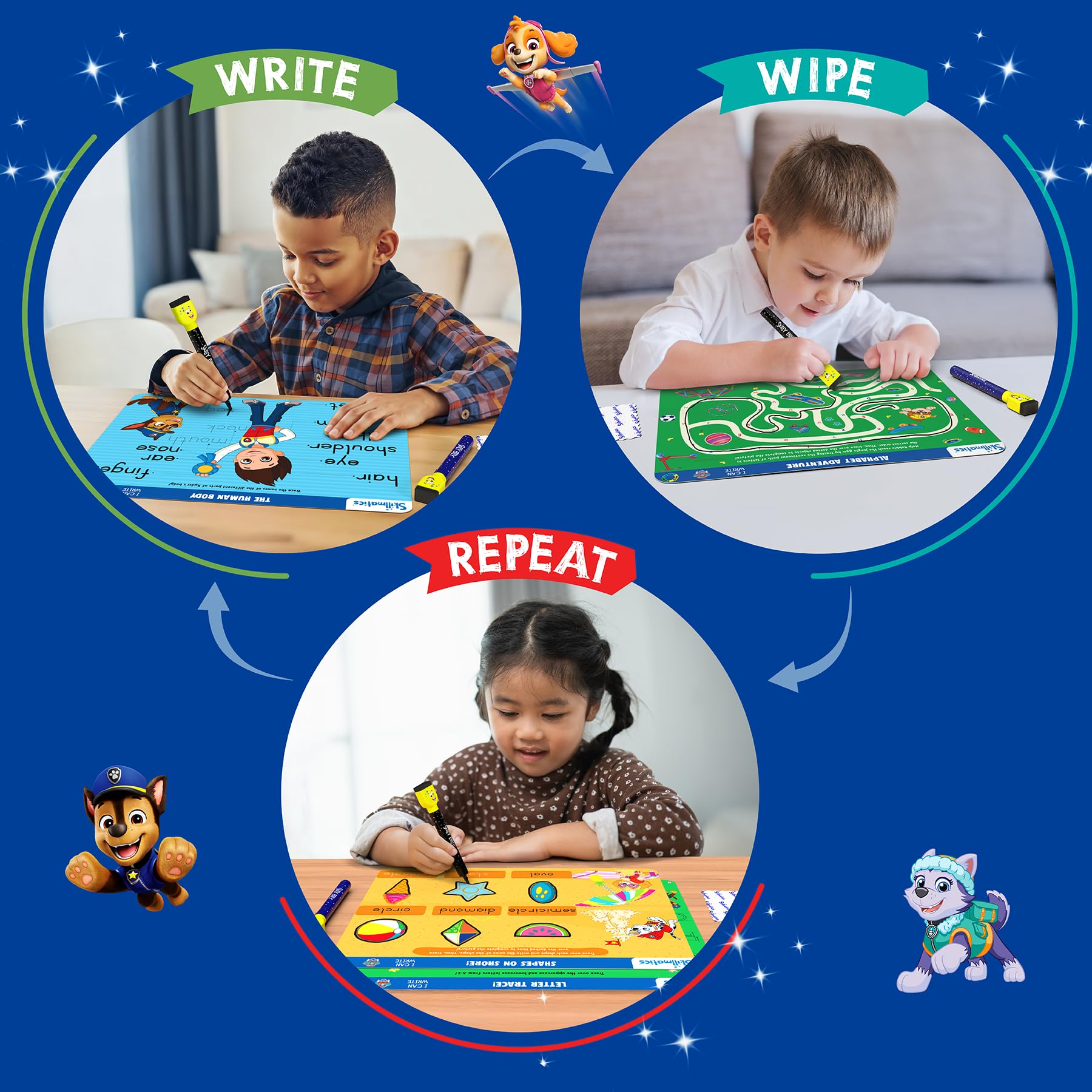 Skillmatics I Can Write PAW Patrol double-sided mats for varied activities.