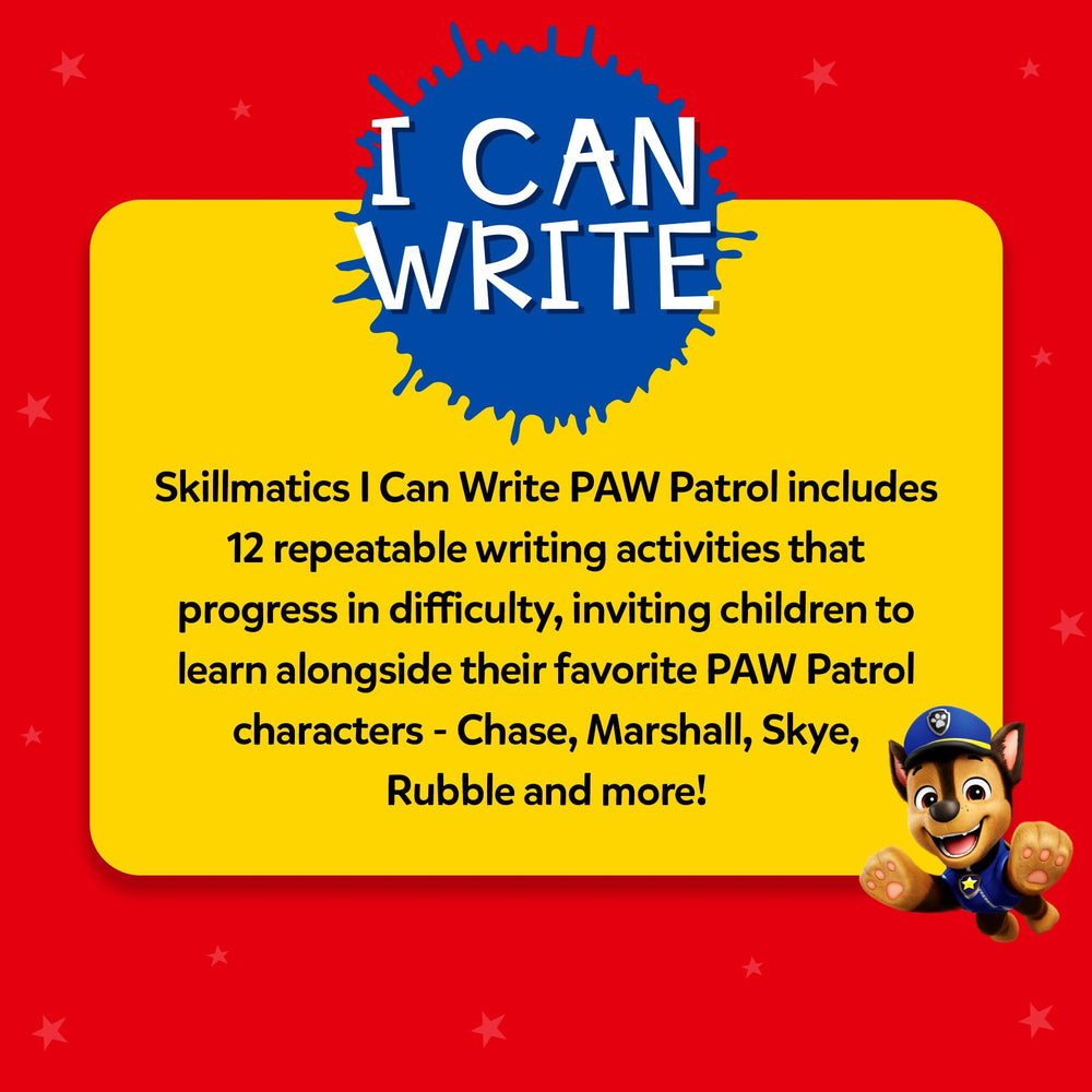 Child practicing writing on Skillmatics PAW Patrol mats with markers.