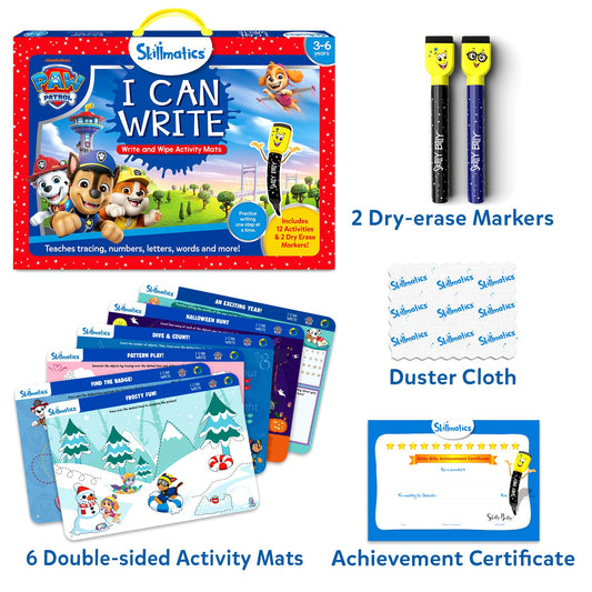 Skillmatics PAW Patrol markers enable clear dry-erase writing on mats.