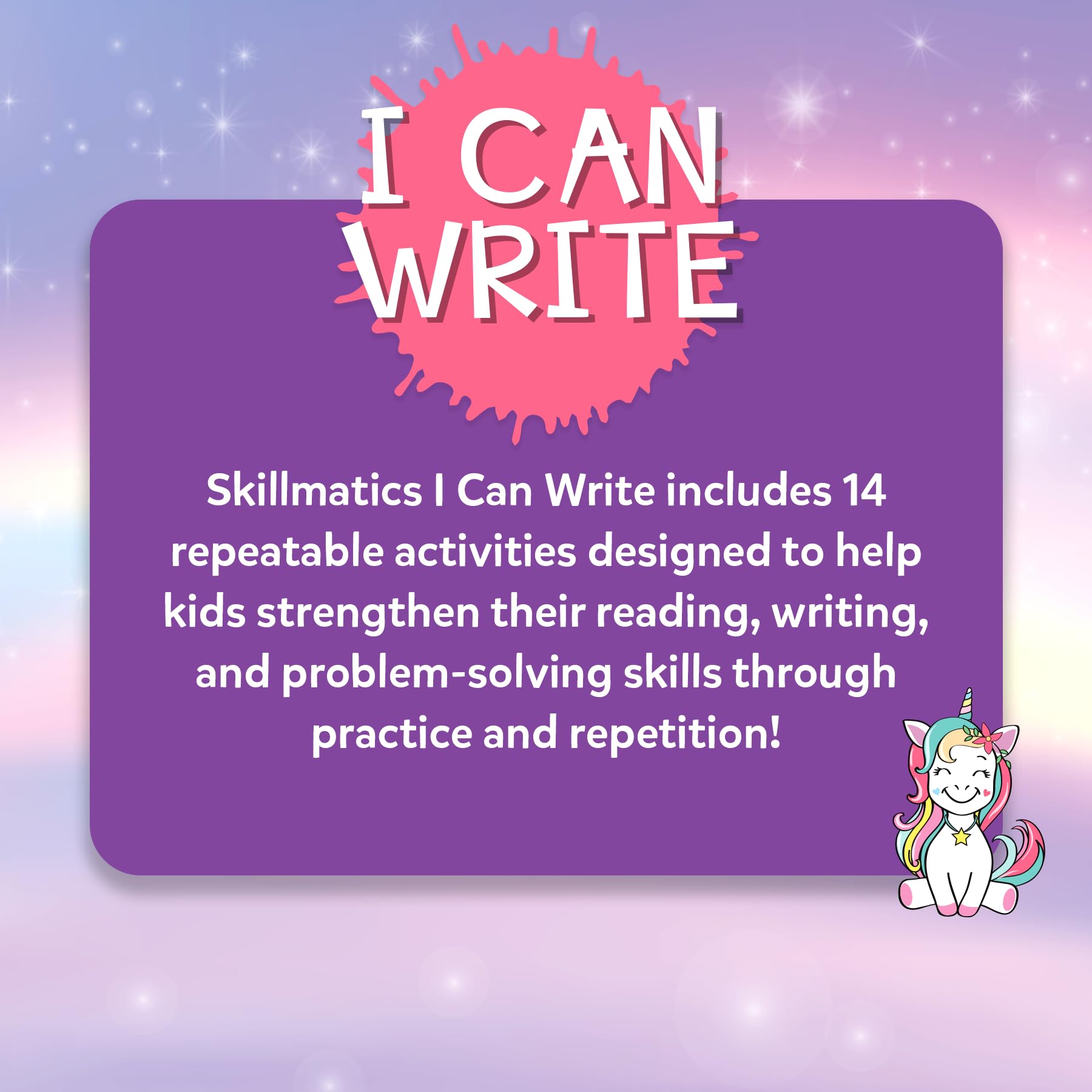 Skillmatics I Can Write Unicorns learning skills cover patterns counting and letters.
