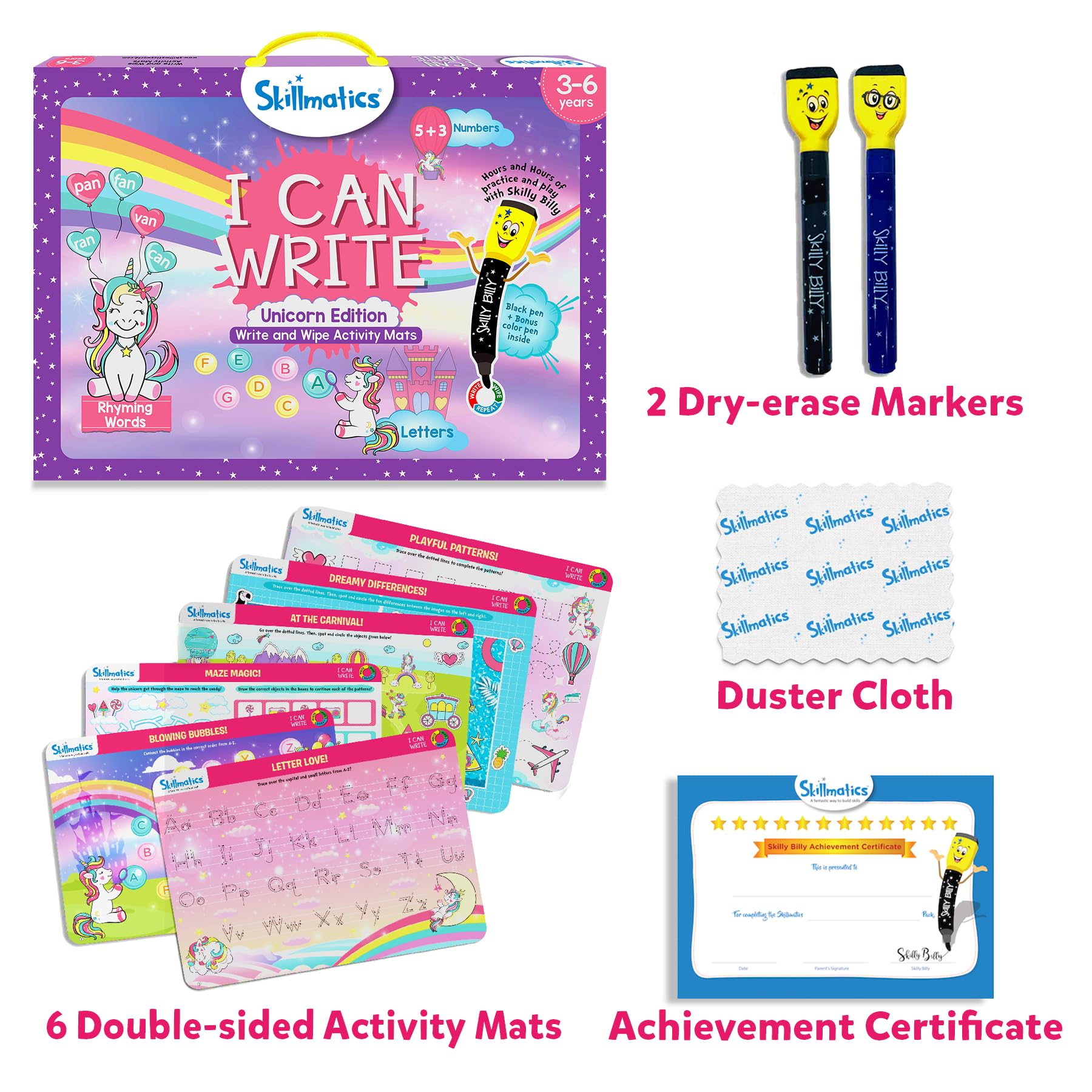 Skillmatics I Can Write Unicorns markers pack for easy writing and erasing practice.