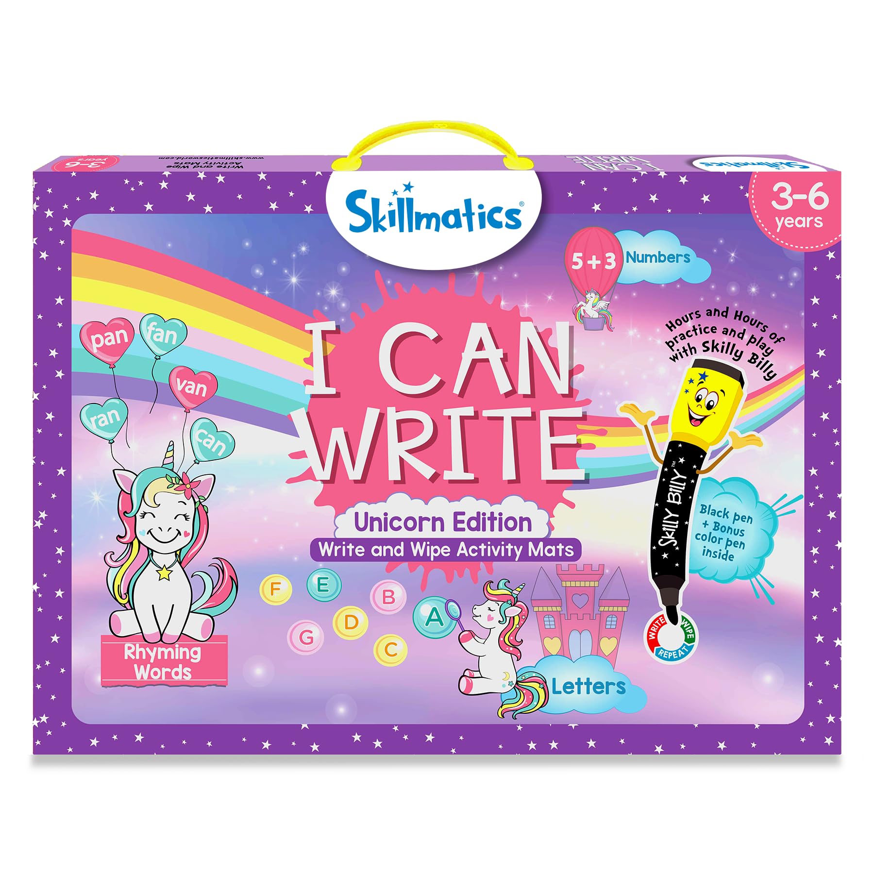 Skillmatics I Can Write Unicorns mats double sided for reusable learning sessions.