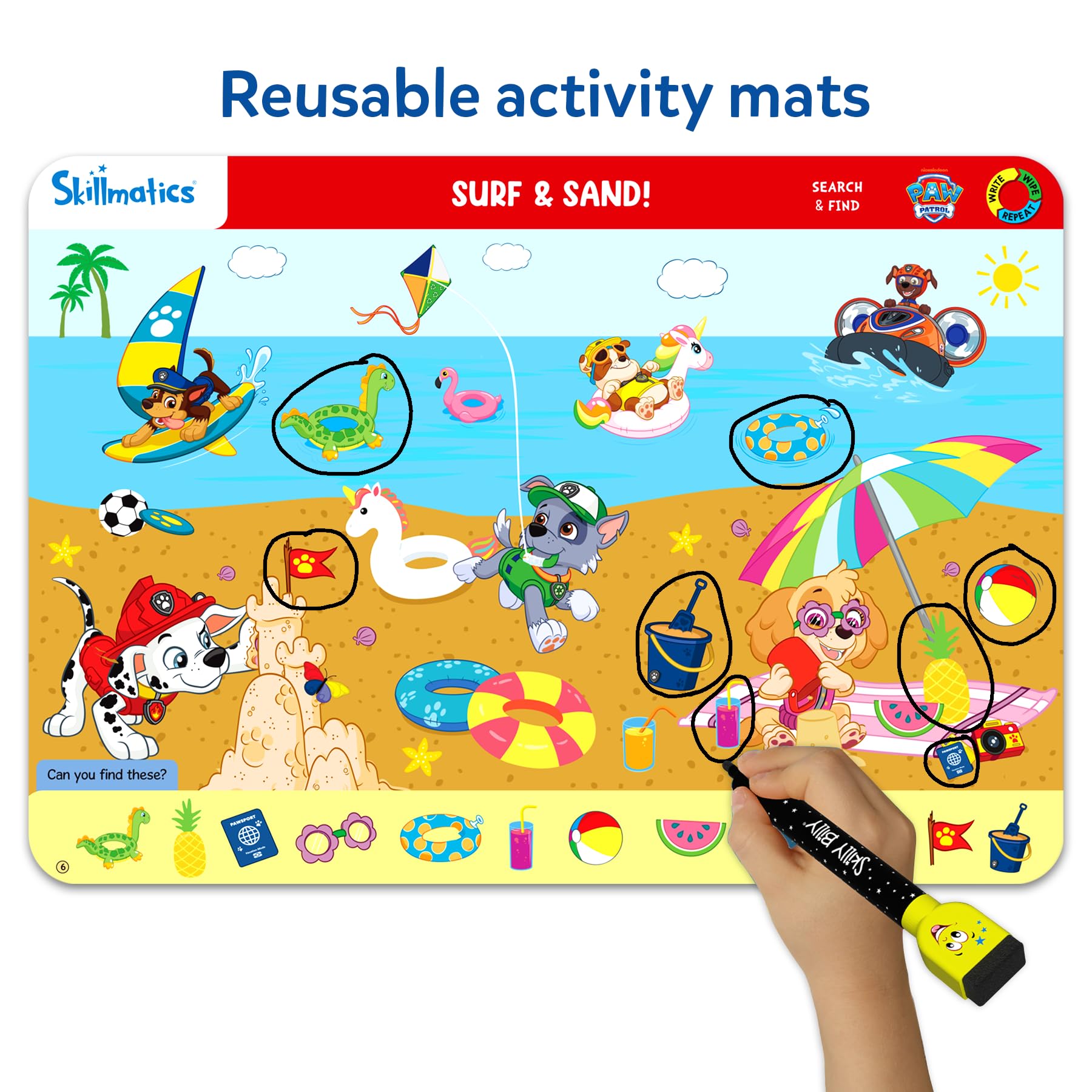 Skillmatics PAW Patrol mats display Skye scene encouraging visual memory while circling items