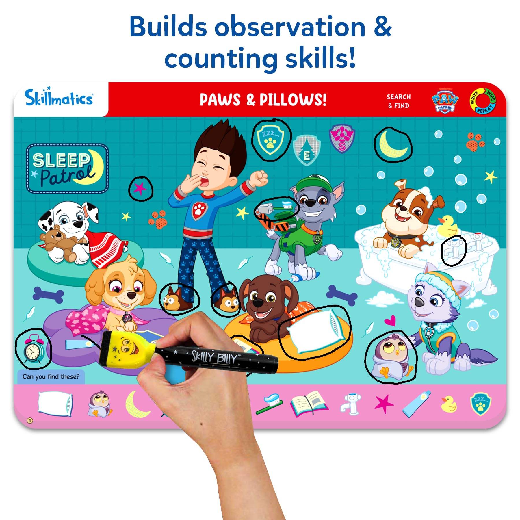 Skillmatics PAW Patrol mats show Rubble scene to reinforce spatial reasoning and hand-eye coordination