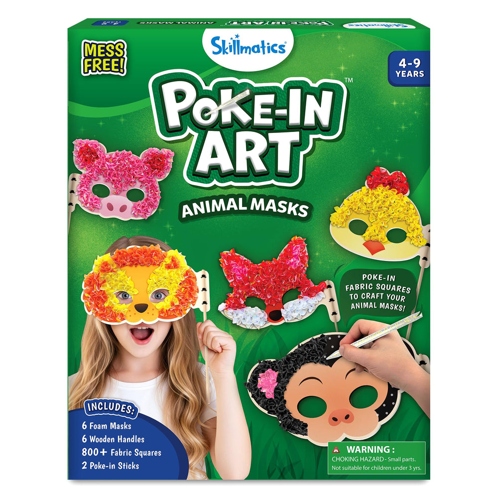 Skillmatics Poke-in Art Animal Masks packaging shows a mess-free craft kit for kids.