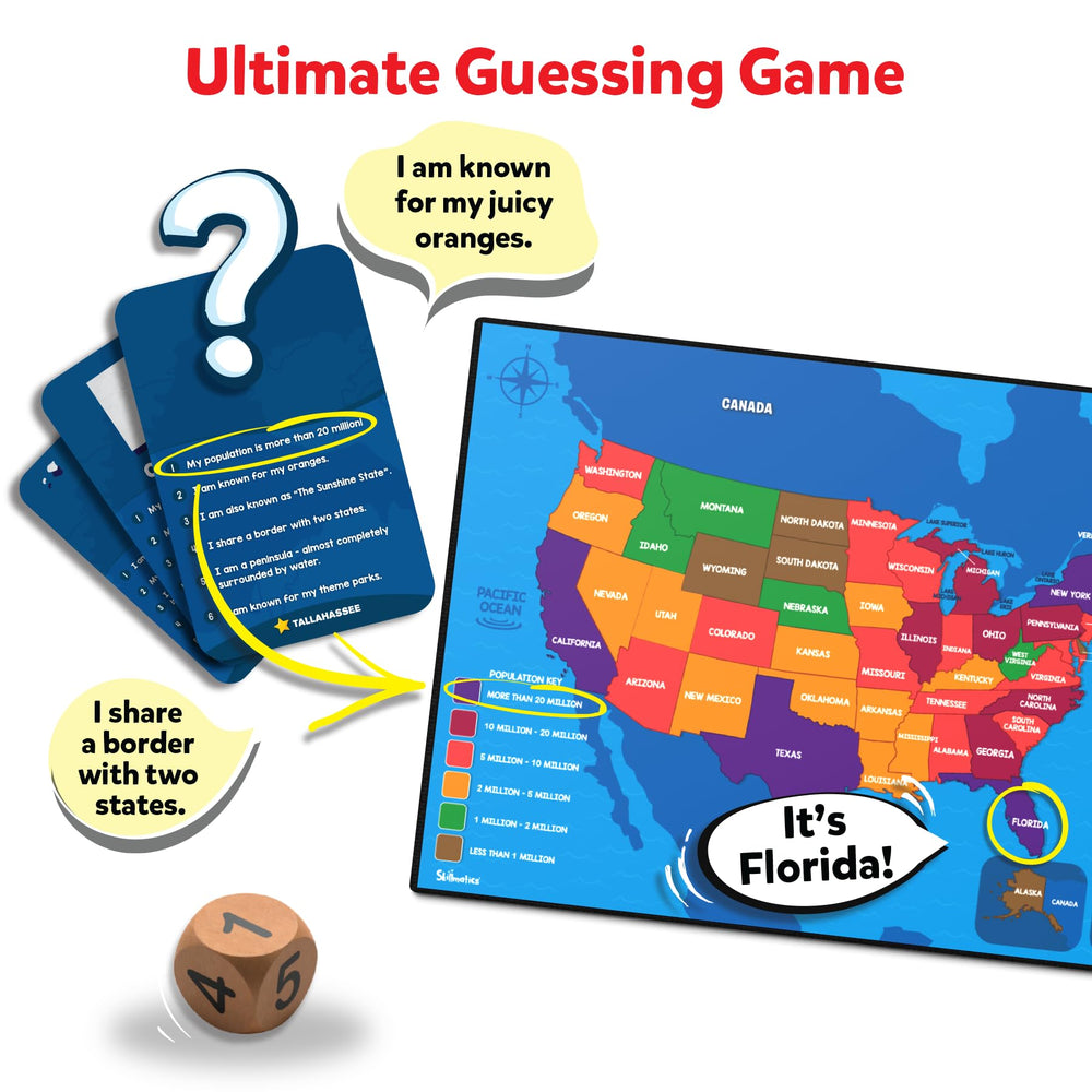 Skillmatics Scout It Out 50 states cards guide clues during play.