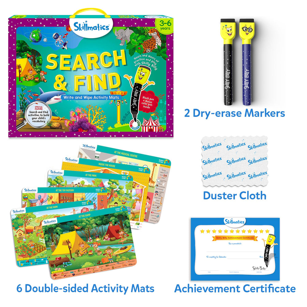 Skillmatics Search and Find amusement park scene promotes observation and memory skills.