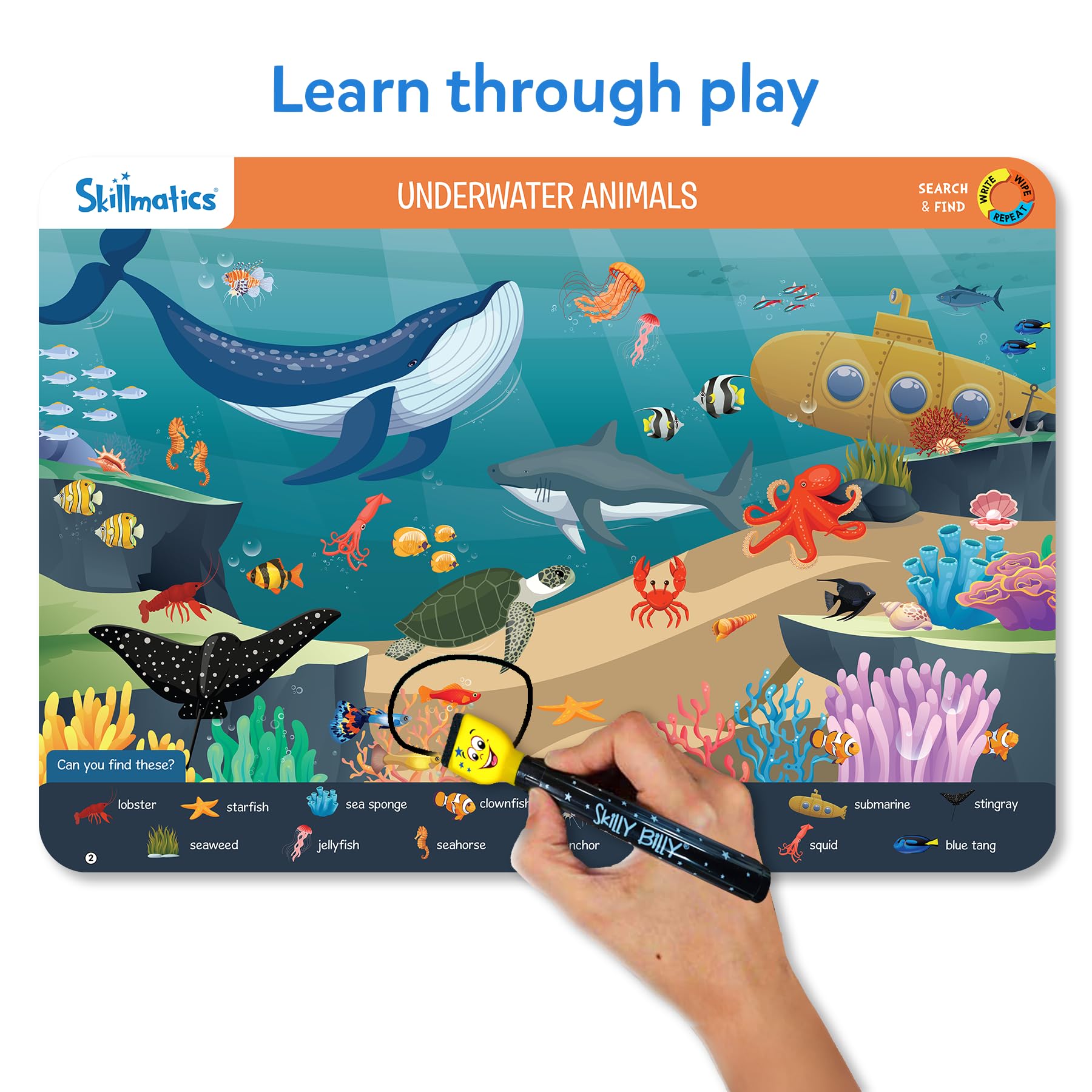 Skillmatics Search and Find Animals duster cloth keeps mats tidy.