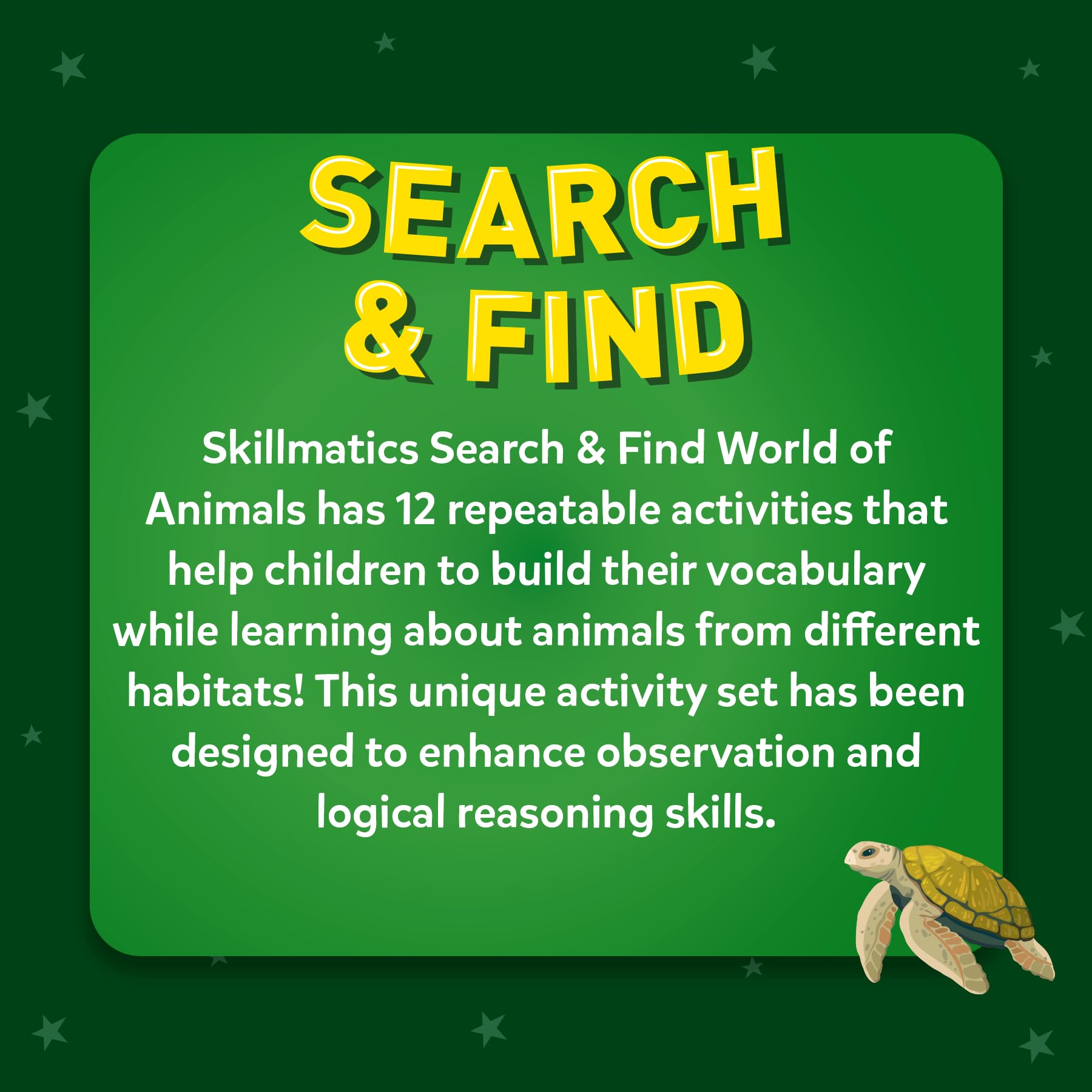 Skillmatics Search and Find Animals habitat scenes spark curiosity.