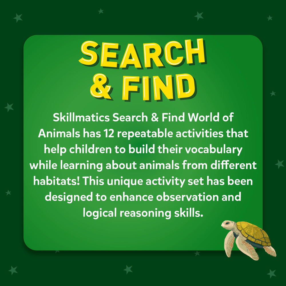 Skillmatics Search and Find Animals habitat scenes spark curiosity.