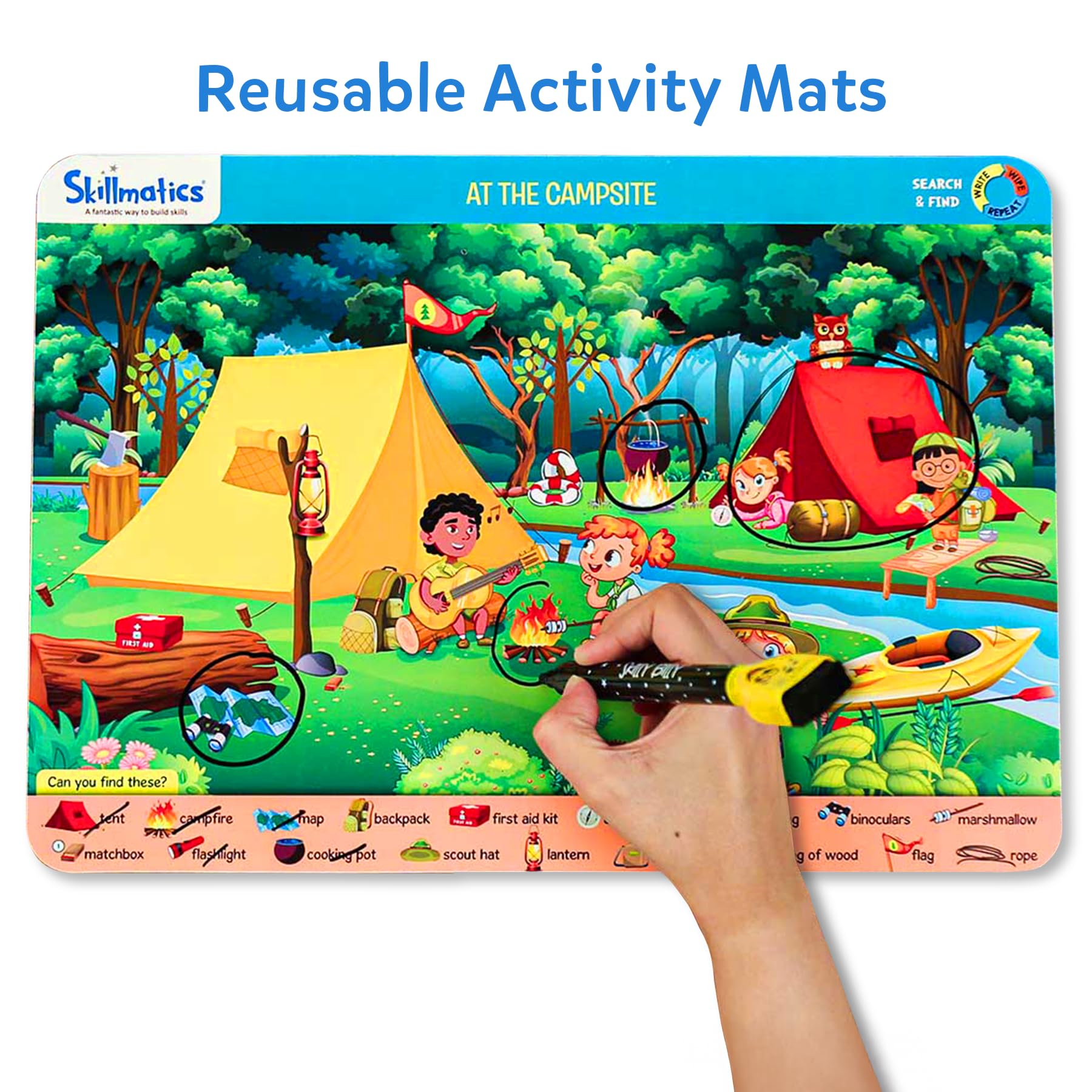 Skillmatics Search and Find jungle safari scene boosts reading and critical thinking.