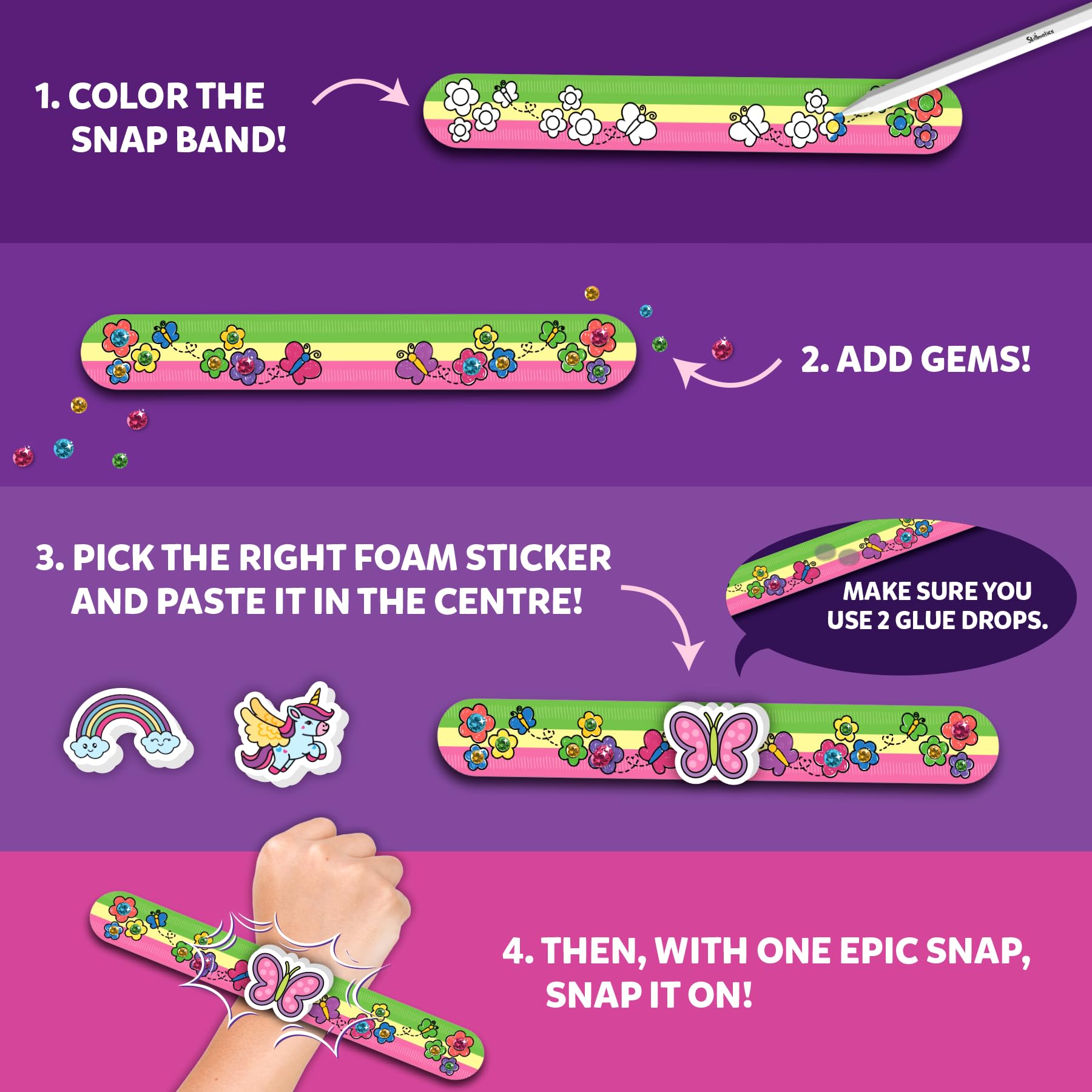 Skillmatics Snap Bandz glue drops, mess-free adhesion for quick embellishments