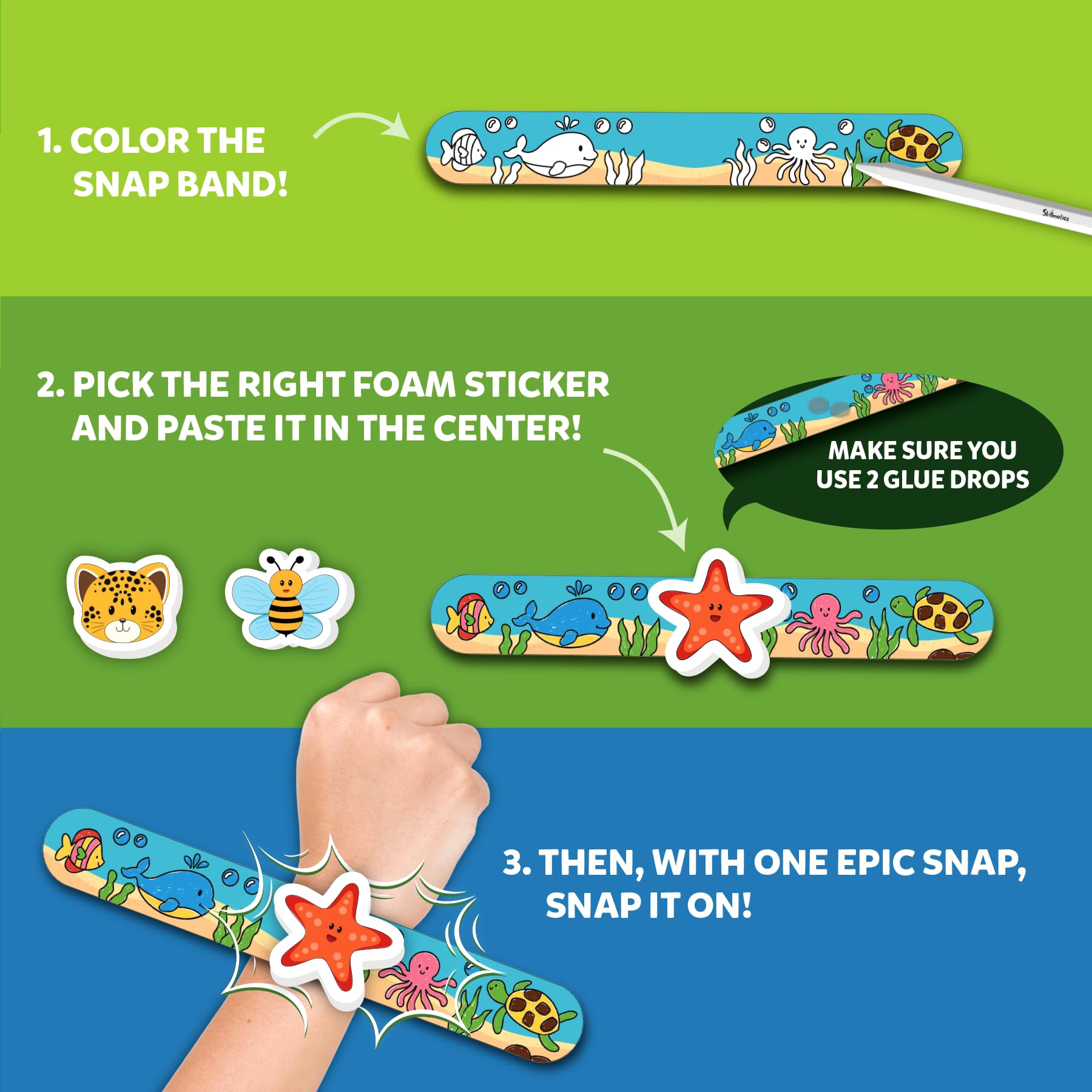 Instruction manual for Skillmatics Snap Bandz craft activity